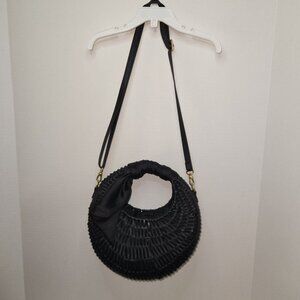 Y2K Woven Black Straw Crescent Crossbody Basket Purse with Scarf